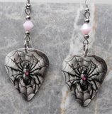 Spider on a Spiderweb Guitar Pick Earrings with Pink Swarovski Crystals