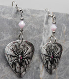 Spider on a Spiderweb Guitar Pick Earrings with Pink Swarovski Crystals