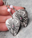 Spider on a Spiderweb Guitar Pick Earrings with Pink Swarovski Crystals