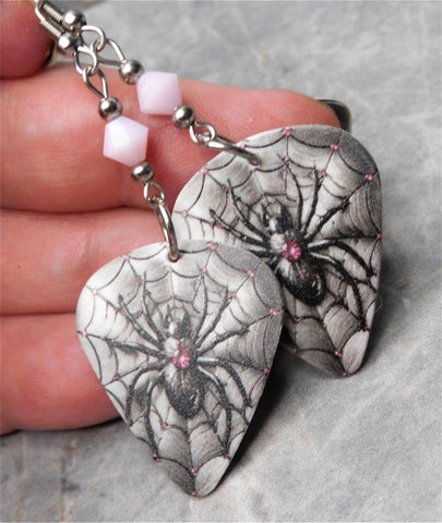 Spider on a Spiderweb Guitar Pick Earrings with Pink Swarovski Crystals