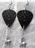 Spider on a Spiderweb Guitar Pick Earrings with Metallic Silver Swarovski Crystal Dangles