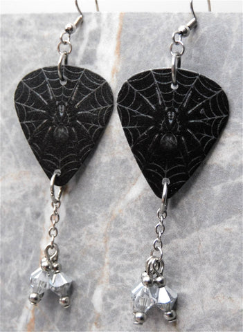 Spider on a Spiderweb Guitar Pick Earrings with Metallic Silver Swarovski Crystal Dangles