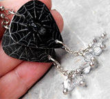 Spider on a Spiderweb Guitar Pick Earrings with Metallic Silver Swarovski Crystal Dangles
