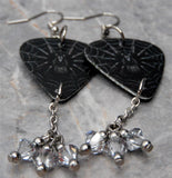 Spider on a Spiderweb Guitar Pick Earrings with Metallic Silver Swarovski Crystal Dangles
