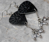 Spider on a Spiderweb Guitar Pick Earrings with Metallic Silver Swarovski Crystal Dangles