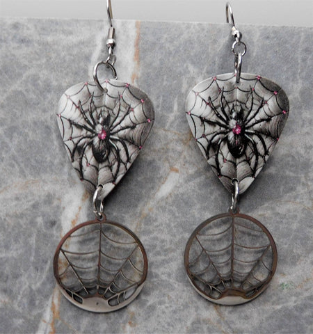 Spider on a Spiderweb Guitar Pick Earrings with Stainless Steel Spiderweb Charm Dangles