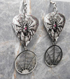 Spider on a Spiderweb Guitar Pick Earrings with Stainless Steel Spiderweb Charm Dangles