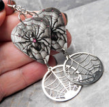 Spider on a Spiderweb Guitar Pick Earrings with Stainless Steel Spiderweb Charm Dangles
