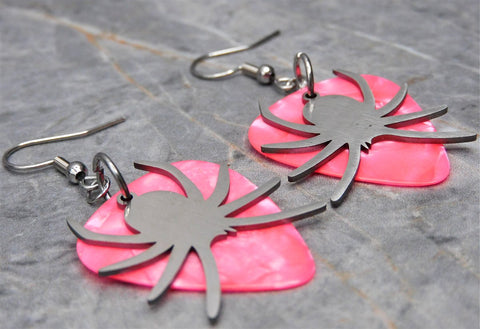 Large Spider Stainless Steel Charm Guitar Pick Earrings - Pick Your Color
