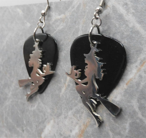 Witch on a Broomstick Stainless Steel Charm Guitar Pick Earrings - Pick Your Color