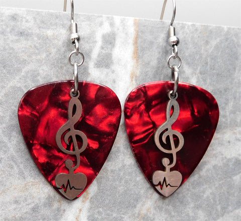 Treble Clef and Heart Heartbeat Stainless Steel Charm Guitar Pick Earrings - Pick Your Color
