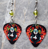 Rockabilly Style Sugar Skull Guitar Pick Earrings with Lime Green Swarovski Crystals