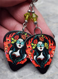 Rockabilly Style Sugar Skull Guitar Pick Earrings with Lime Green Swarovski Crystals