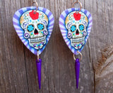 Sugar Skull on Purple Striped Background Guitar Pick Earrings with Purple Spike Dangles