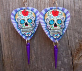 Sugar Skull on Purple Striped Background Guitar Pick Earrings with Purple Spike Dangles