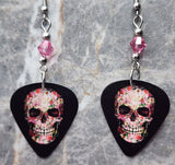 Flower Skull Guitar Pick Earrings with Pink Swarovski Crystals