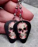 Flower Skull Guitar Pick Earrings with Pink Swarovski Crystals