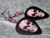 Flower Skull Guitar Pick Earrings with Pink Swarovski Crystals