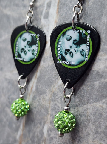 Type O Negative Bloody Kisses Guitar Pick Earrings with Green Pave Bead Dangles