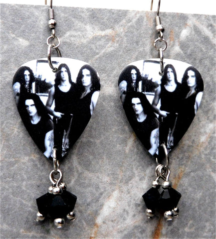 Type O Negative Guitar Pick Earrings with Black Swarovski Crystal Dangles