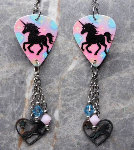 Unicorn Guitar Pick Earrings with Stainless Steel Heart Unicorn Charm and Swarovski Crystal Dangles