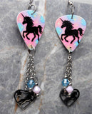 Unicorn Guitar Pick Earrings with Stainless Steel Heart Unicorn Charm and Swarovski Crystal Dangles