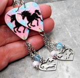 Unicorn Guitar Pick Earrings with Stainless Steel Heart Unicorn Charm and Swarovski Crystal Dangles