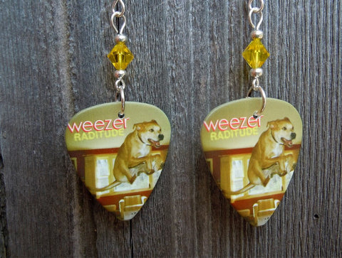 Weezer Raditude Guitar Pick Earrings with Yellow Swarovski Crystals