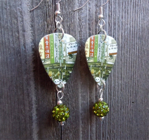 Weezer The Lion and The Witch Guitar Pick Earrings with Green Pave Beads