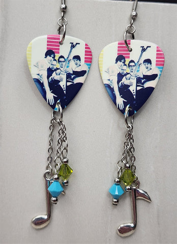 Weezer Group Picture Guitar Pick Earrings with Music Note Charm and Swarovski Crystal Dangles