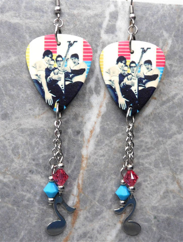 Weezer Group Picture Guitar Pick Earrings with Music Note Charm and Swarovski Crystal Dangles