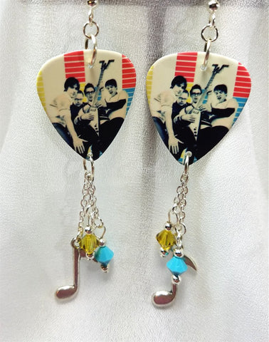 Weezer Group Picture Guitar Pick Earrings with Music Note Charm and Swarovski Crystal Dangles
