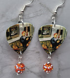 Weezer Maladroit Guitar Pick Earrings with Orange and White Stripes Pave Dangles