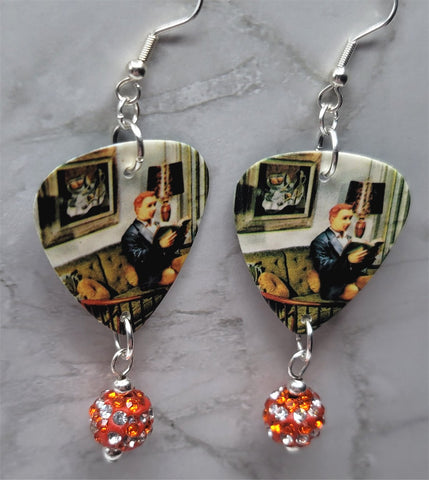 Weezer Maladroit Guitar Pick Earrings with Orange and White Stripes Pave Dangles