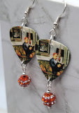 Weezer Maladroit Guitar Pick Earrings with Orange and White Stripes Pave Dangles