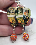 Weezer Maladroit Guitar Pick Earrings with Orange and White Stripes Pave Dangles