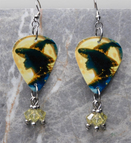 Witch in Front of the Moon Guitar Pick Earrings with Yellow Swarovski Crystal Dangles