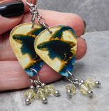 Witch in Front of the Moon Guitar Pick Earrings with Yellow Swarovski Crystal Dangles