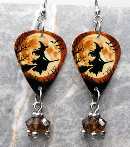 Witch on Her Broomstick Guitar Pick Earrings with Brown Swarovski Crystal Dangles