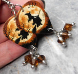Witch on Her Broomstick Guitar Pick Earrings with Brown Swarovski Crystal Dangles