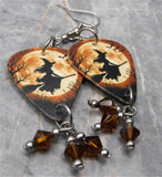 Witch on Her Broomstick Guitar Pick Earrings with Brown Swarovski Crystal Dangles