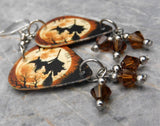 Witch on Her Broomstick Guitar Pick Earrings with Brown Swarovski Crystal Dangles