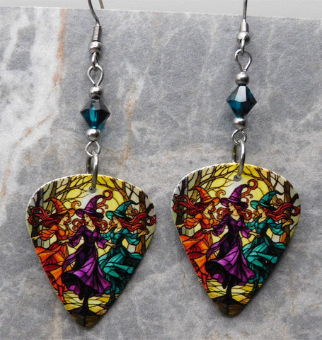 Three Beautiful Witches Guitar Pick Earrings with BiColor Burgundy and Blue Zircon Swarovski Crystals