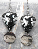 Witch with a Black Cat and Bats Guitar Pick Earrings with Wicked Stainless Steel Charms