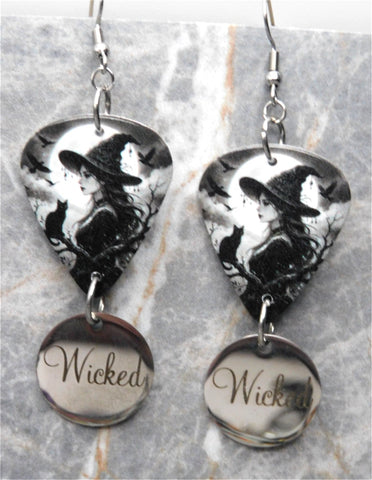 Witch with a Black Cat and Bats Guitar Pick Earrings with Wicked Stainless Steel Charms
