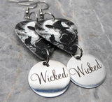 Witch with a Black Cat and Bats Guitar Pick Earrings with Wicked Stainless Steel Charms