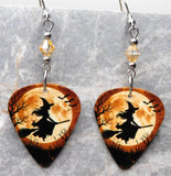 Witch on Her Broomstick Guitar Pick Earrings with Silk Swarovski Crystals