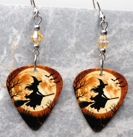 Witch on Her Broomstick Guitar Pick Earrings with Silk Swarovski Crystals