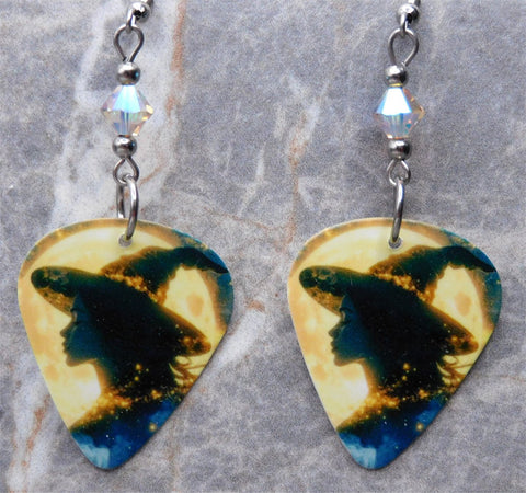 Witch in Front of the Moon Guitar Pick Earrings with ABx2 Swarovski Crystals