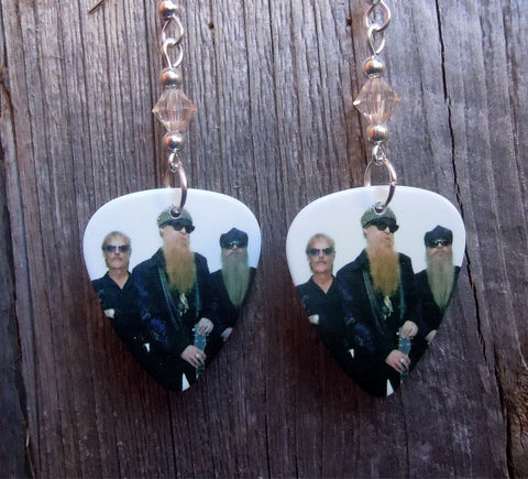 ZZ Top Group Picture Guitar Pick Earrings with Golden Shadow Swarovski Crystals